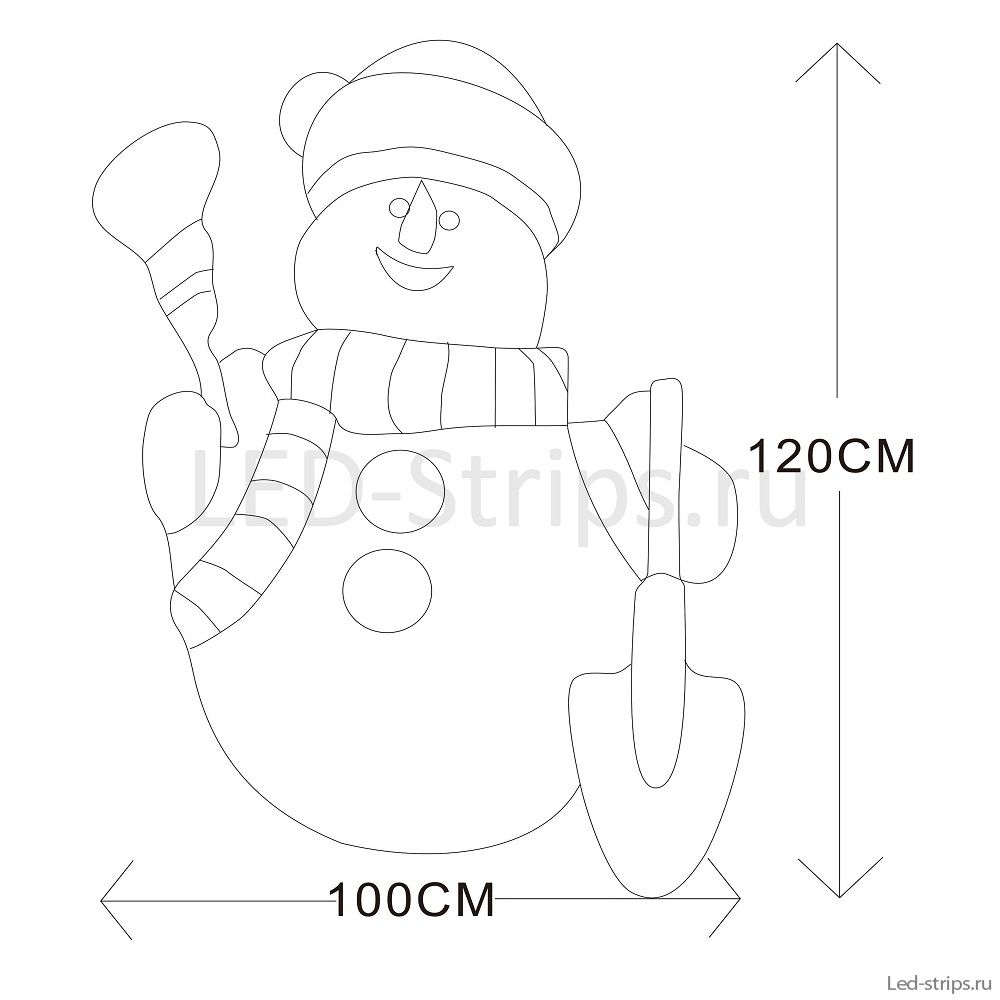Снеговик с метлой и лопатой, 120х100 см, 120 Вт, 2000 диодов